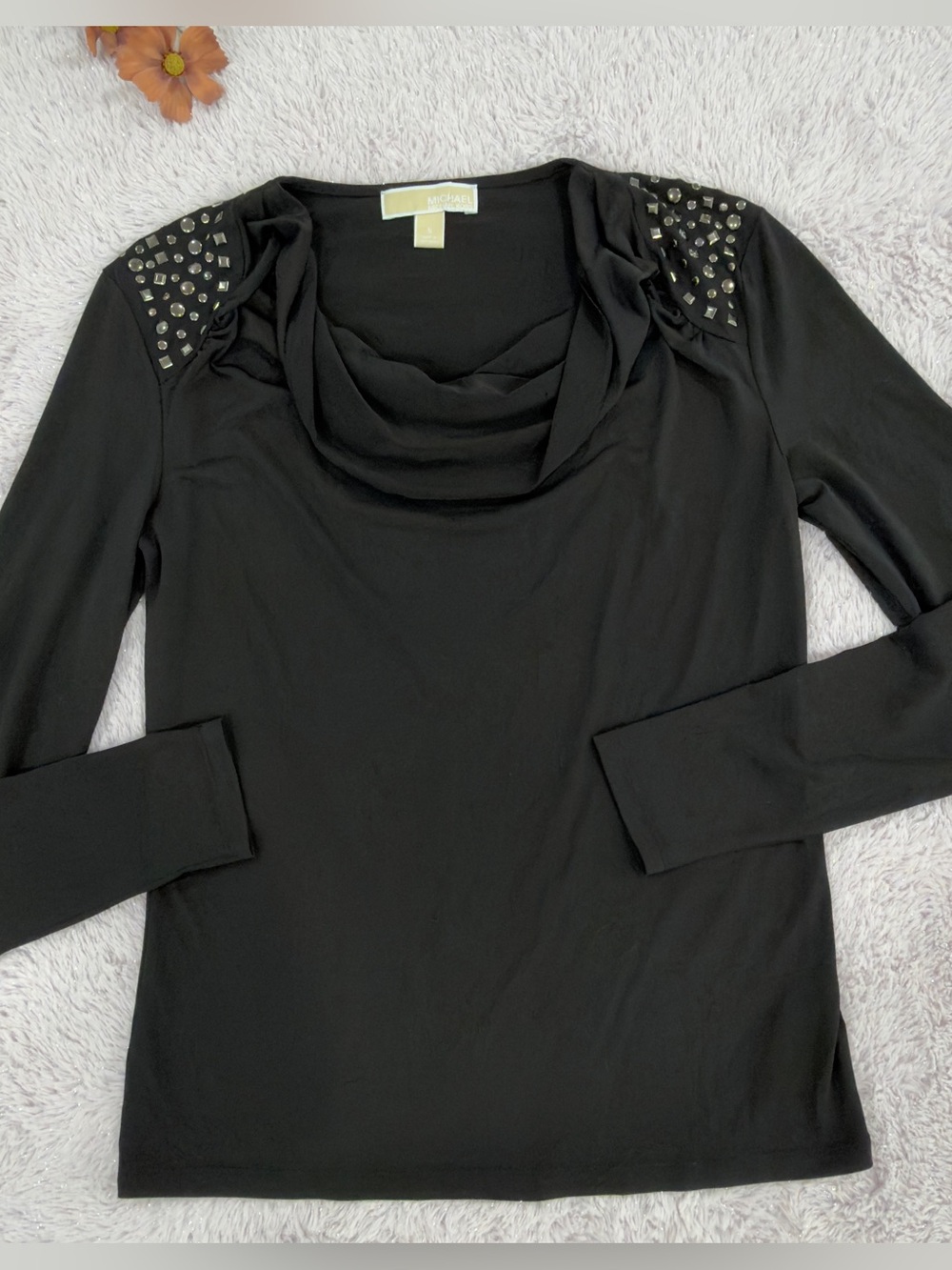 Michael Kors Black Long Sleeve Cowl Neck Top with Shoulder Studs